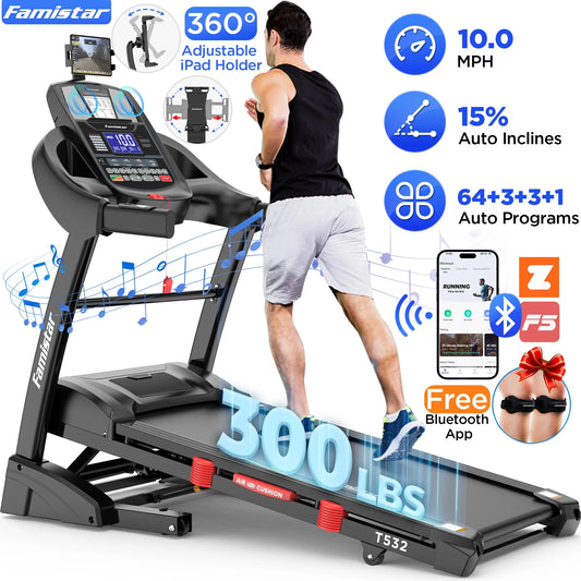 4.5HP Folding Treadmill for Home with 15 Auto Incline, Smart APP, 300Lbs, Hifi Bluetooth Speakers, 64 Programs, 10MPH Speed, Foldable Eletreadmill Running Machine, Knee Strap Gift