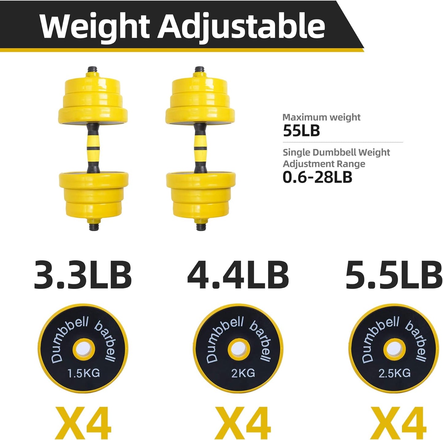 Dumbbell Set, Weights Adjustable Barbell Pair, Home Weights 2-In-1 Set, 22-33-44-55-66-88 Non-Slip, All-Purpose, Gym